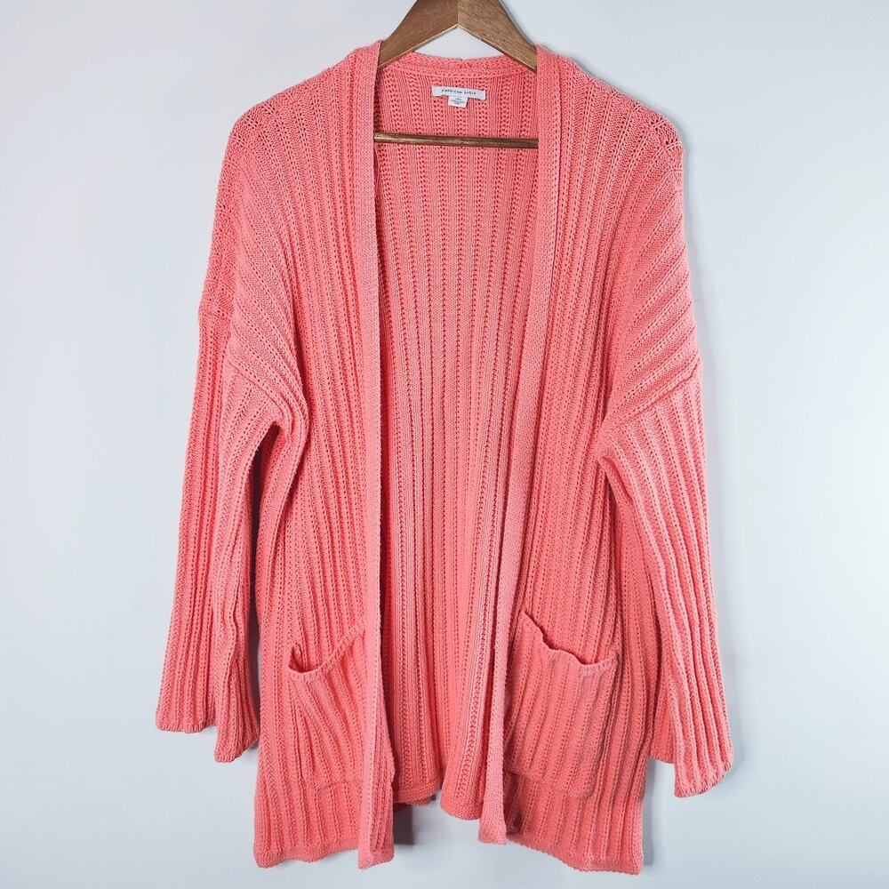 American Eagle Womens Pink Ribbed Chunky Oversized Open Cardigan Size Large